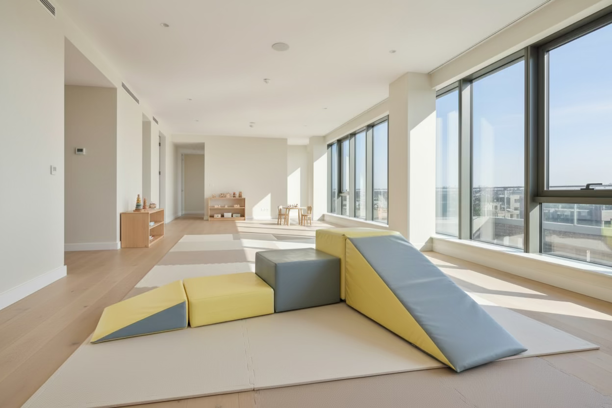 a set of five soft play modular blocks in pastel yellow and grey